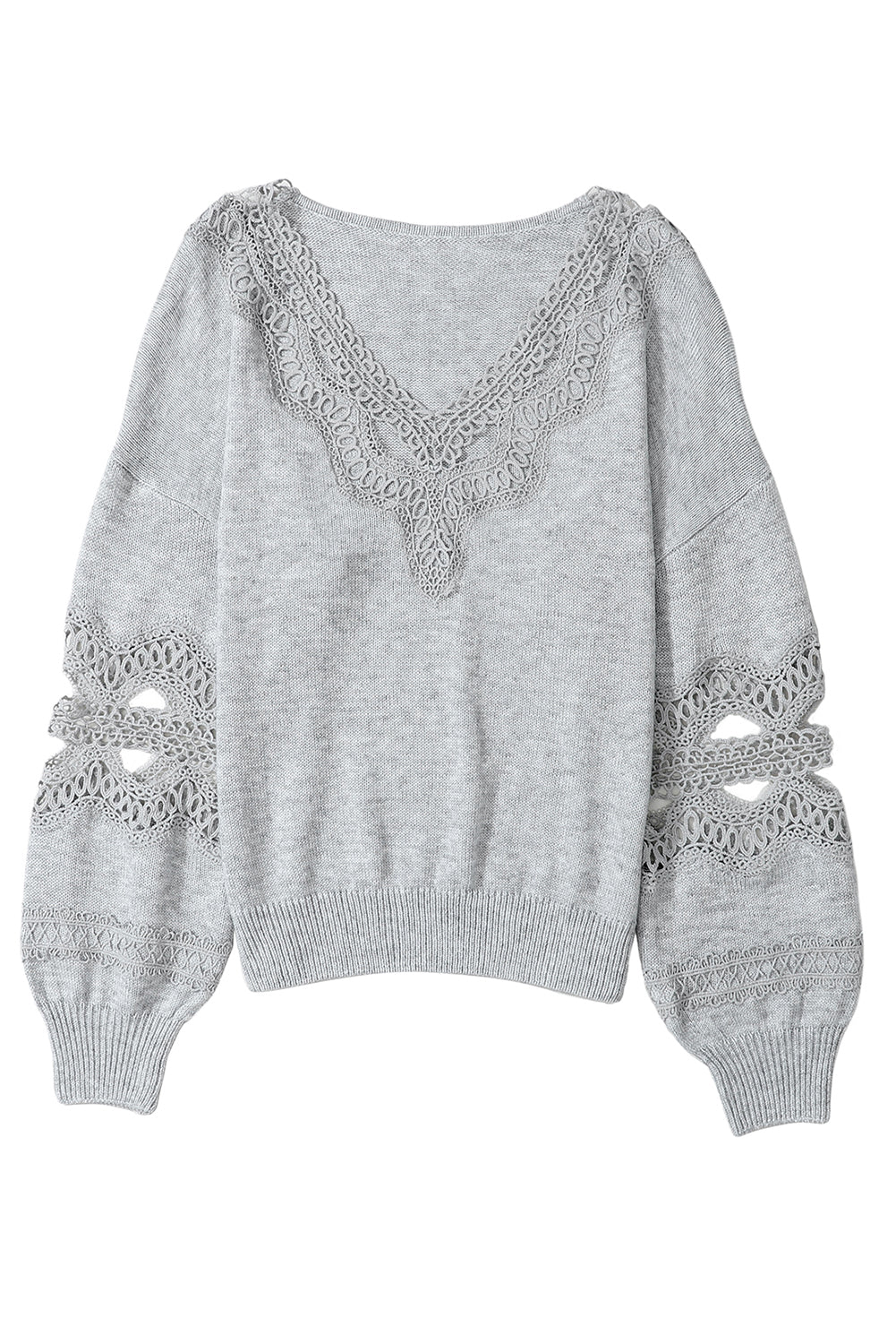 Gray Hollowed Lace Splicing V Neck Loose Sweater