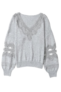 Gray Hollowed Lace Splicing V Neck Loose Sweater