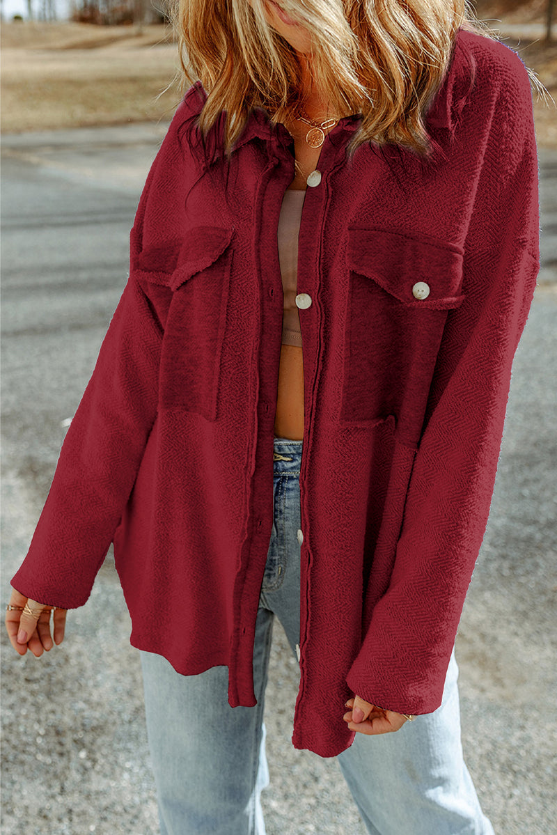 Fiery Red Contrast Flap Pockets Relaxed Shacket