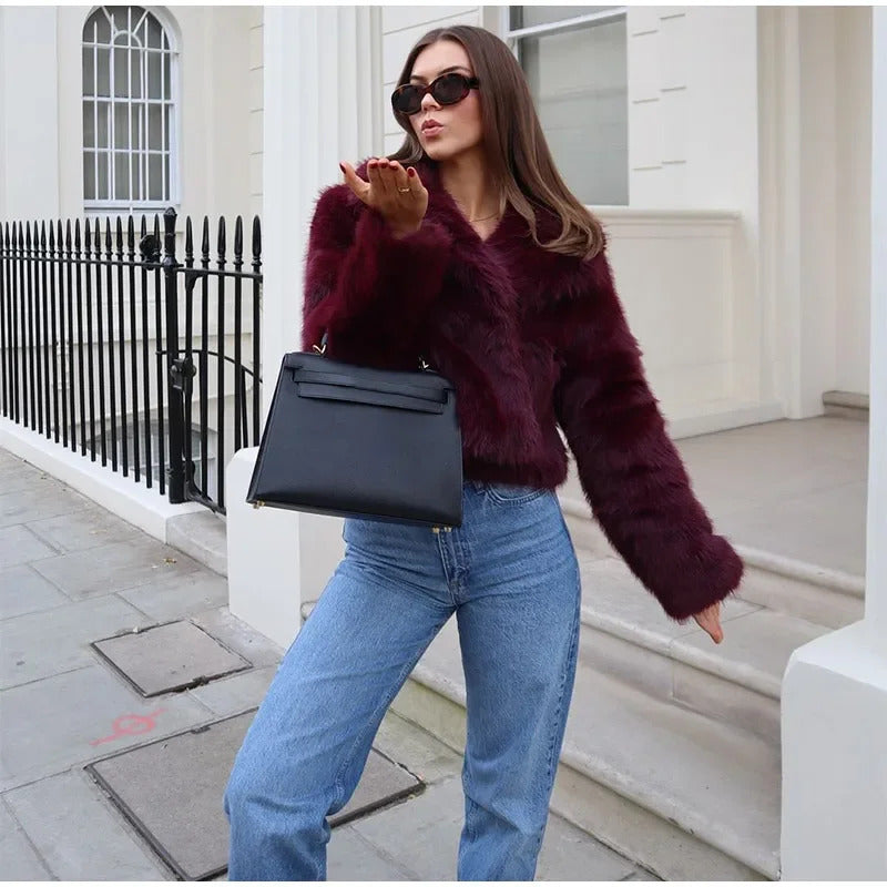 Fashion Burgundy Red Fluffy Faux Fur Short Coats Women Solid Lapel Full Sleeve Warm Jacket Winter New Chic High Street Outerwear