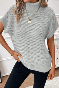 Light Grey Turtleneck Textured Short Sleeve Sweater