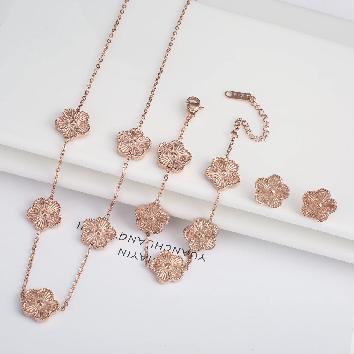 Classic Stainless Steel Five Leaf Flower Jewelry Necklace Set Bracelet Earrings Simple for Woman Girl Party Daily Wear Jewelry