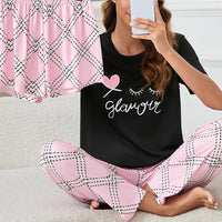 Women's Short Sleeve Crew Neck Top With Shorts And Pants 3 Piece Loungewear Sleepwear Lounge Sets Nighty Print Casual Pajama Set