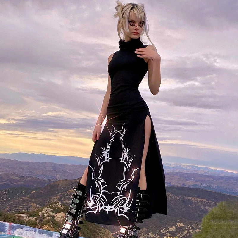 SUCHCUTE Gothic Print Midi Dress For Women Summer Turtleneck Dark Academia Fashion Long Dress Harajuku Sleeveless Black Dresses