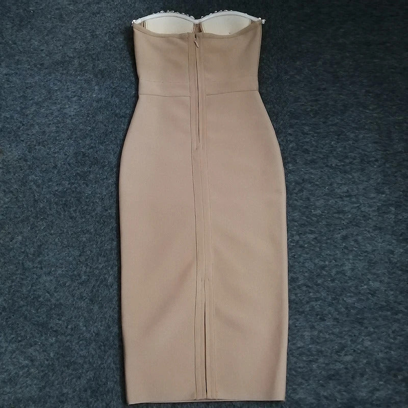 Sexy Strapless Women Dress Bandage Bodycon 2023 New Elegant Beading Party Evening Club Midi Dresses Summer Autumn Clothes