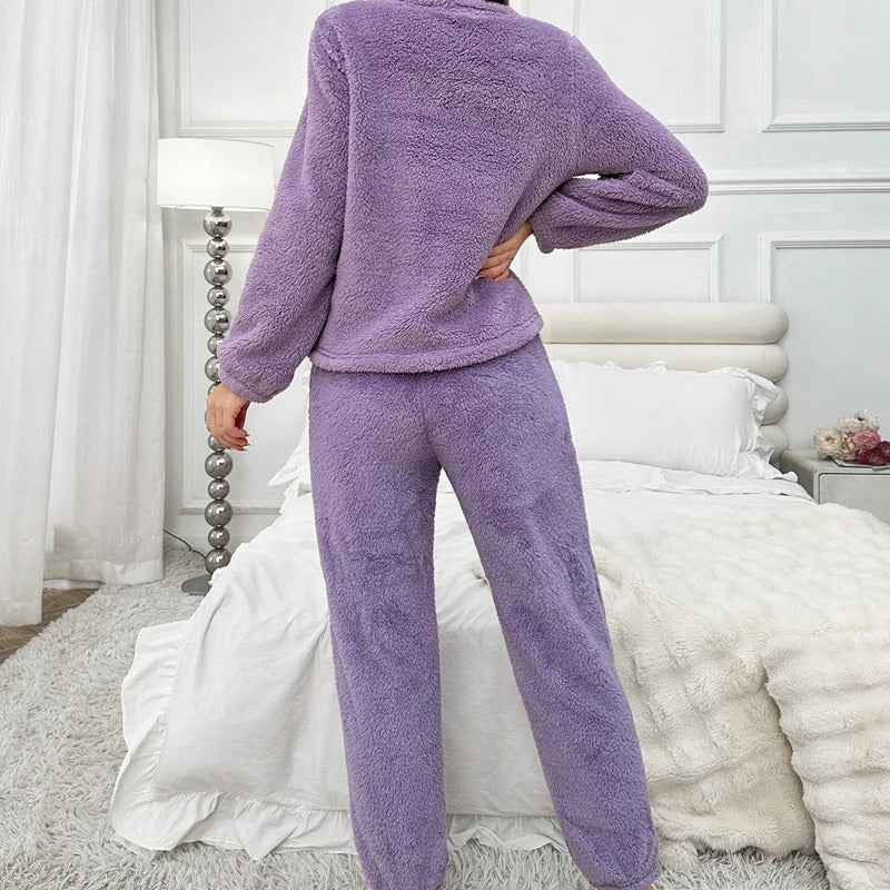 Purple Flannel Women Pajamas Sets Autumn Winter Long Sleeves Long Pants Casual Sleepwears Soft Pijamas Comfy Pyjamas Pjs Cozy Pj