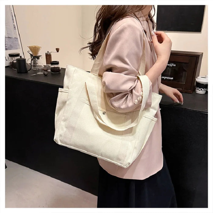 Preppy Style Shoulder Bag Unisex Large Capacity HandBag Casual Versatile Solid Canvas Bag Student Commuting Zipper Square Bag