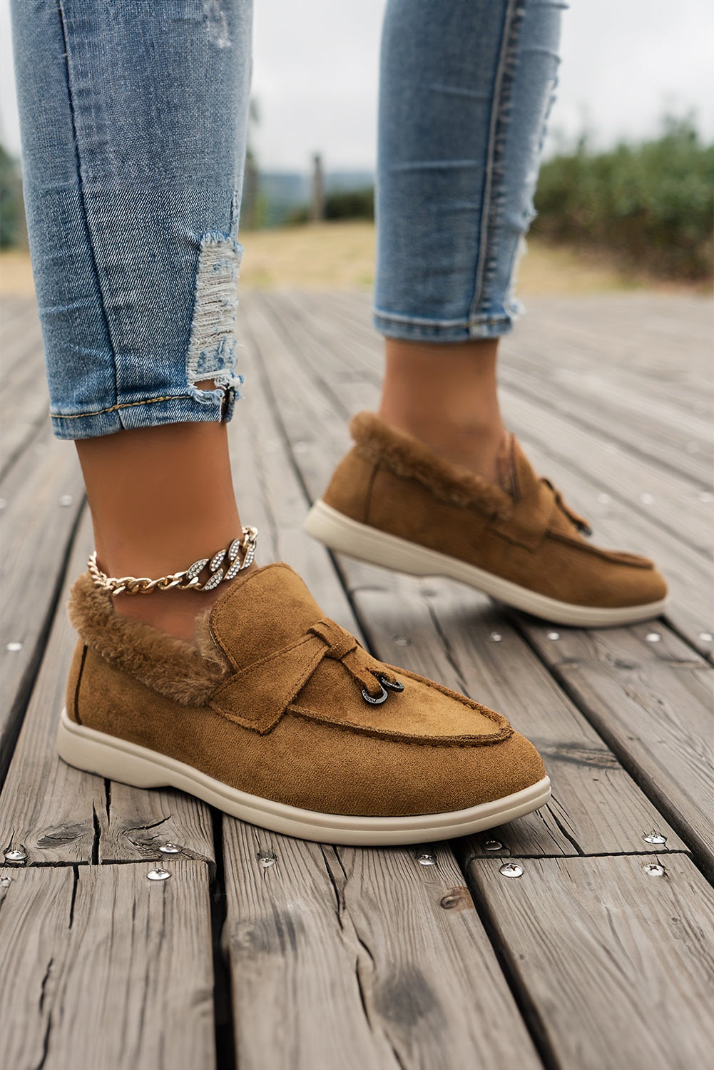 Chestnut Suede Furry Lined Slip on Flat Shoes