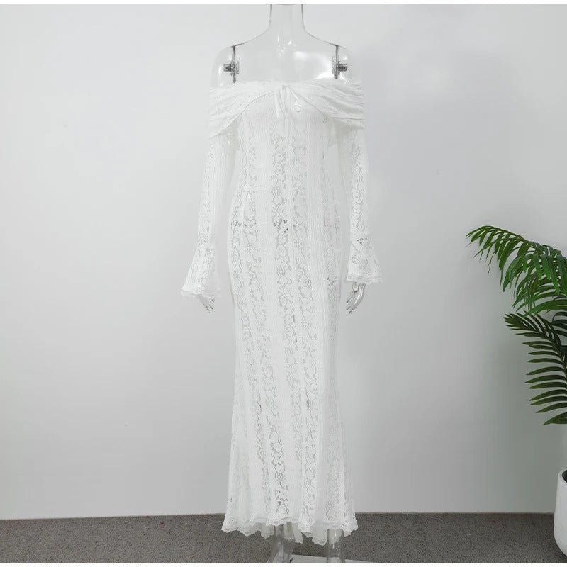 Elegant Off Shoulder Lace Maxi Dress Women Fashion Hollow Out Long Flare Sleeve Slim Dresses 2024 New Female Evening Party Gowns