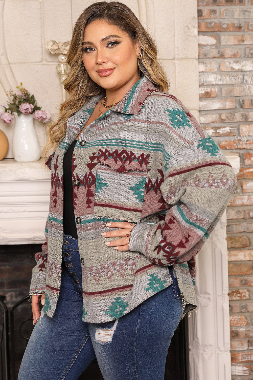 Plus Size Western Aztec Print Button up Jacket