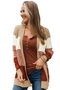 Khaki Color Block Long Sleeve Open Front Cardigan Sweater