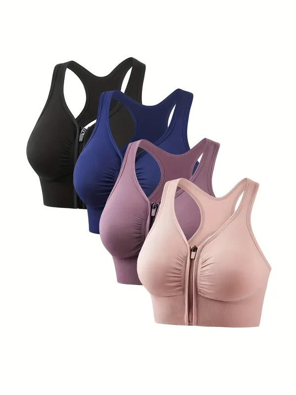 1 Piece Plus Size Sports Bra, Women's Plus Zipper Front Cut Out Racer Back Shockproof Fitness Bra