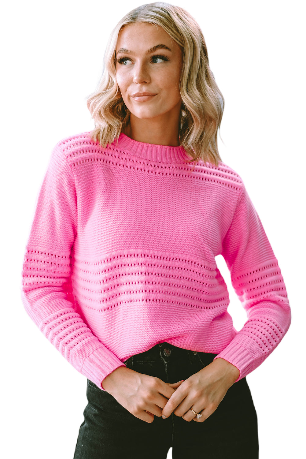 Pink Solid Color Cable Knit Eyelets Mock Neck Sweater