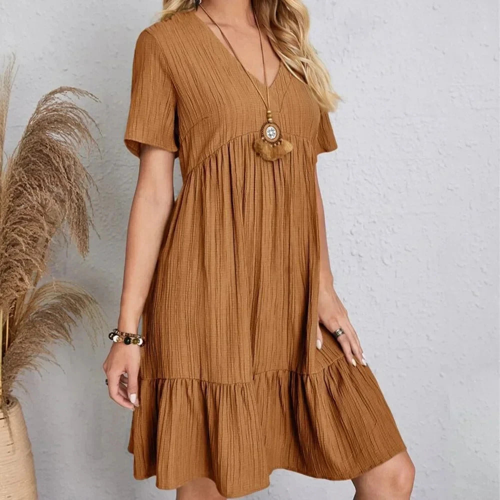 Women Summer Peplum Dresses Spring V-Neck Short Sleeve Loose Waist Ruffle Fit Flare Vocation Dresses