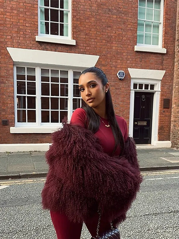 Retro Burgundy Tassels  Faux Fur Long Sleeves Short Coat Elegant Loose Turn-down Collar Jacket 2024 New Woman High Street Coats