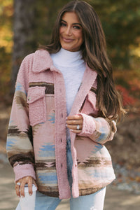 Pink Western Aztec Print Sherpa Splicing Buttoned Flap Pocket Coat