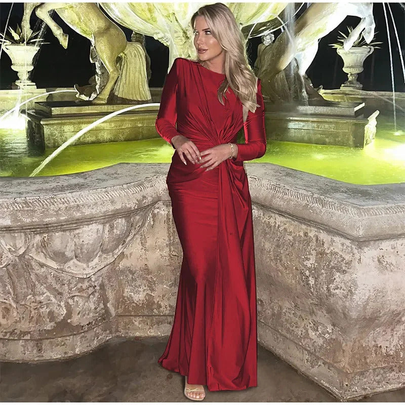 Burgundy  Sexy Pleated Lace Up Long Dress Lady Fashion Round Neck Slim Fit Long Sleeved Evening Gown 2024 New Chic Outfits