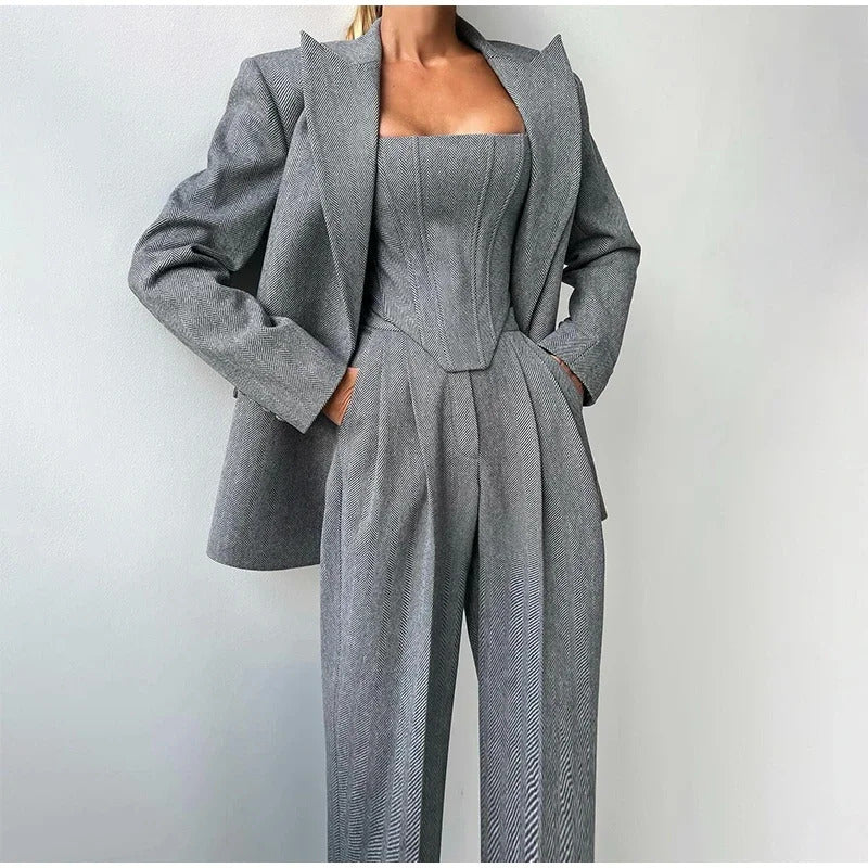 Fashion Grey Pants Sets For Women 3 Pieces Elegant Long Sleeve Belt Blazer Tank Top With High Waist Wide Trousers Lady Suits