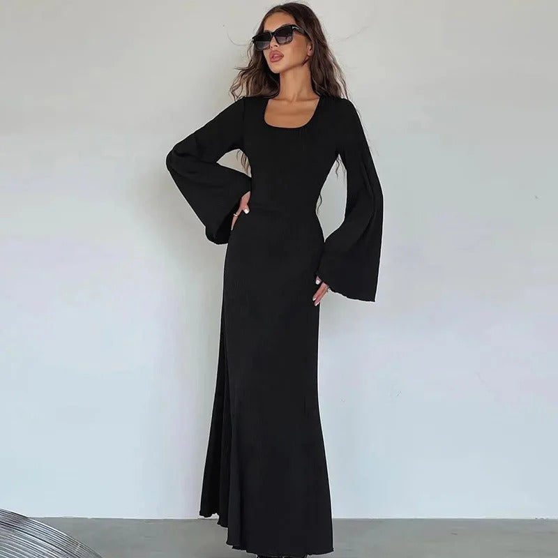 Long Flare Sleeved Maxi Floor-Length Dress Summer Solid Fashion Casual Office Lady Dresses for Women Slim Sexy Lace-up Vestidos