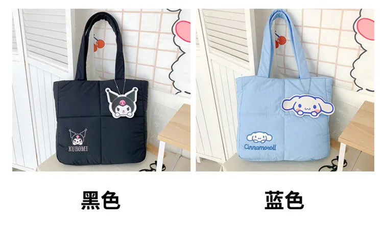 2024 New Sanrio Handbag Cartoon Cute Down Fabric Kuromi Tote Bag Shoulder Pacha Dog Cute Stationery Bag Large Capacity Handbag