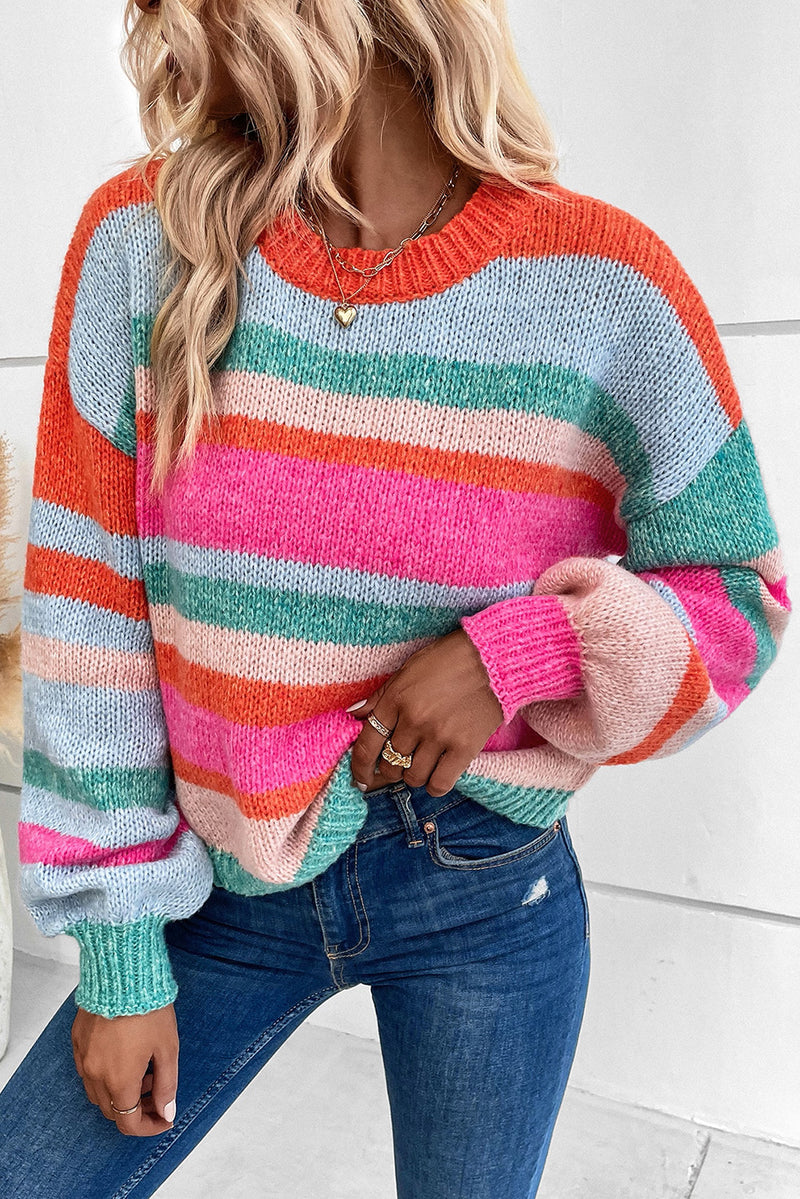 Multicolour Striped Knit Drop Shoulder Puff Sleeve Sweater