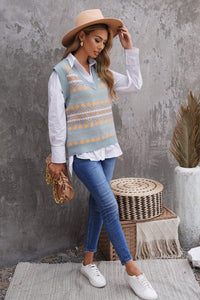 Sky Blue Tribal Print V Neck Knitted Sweater Vest