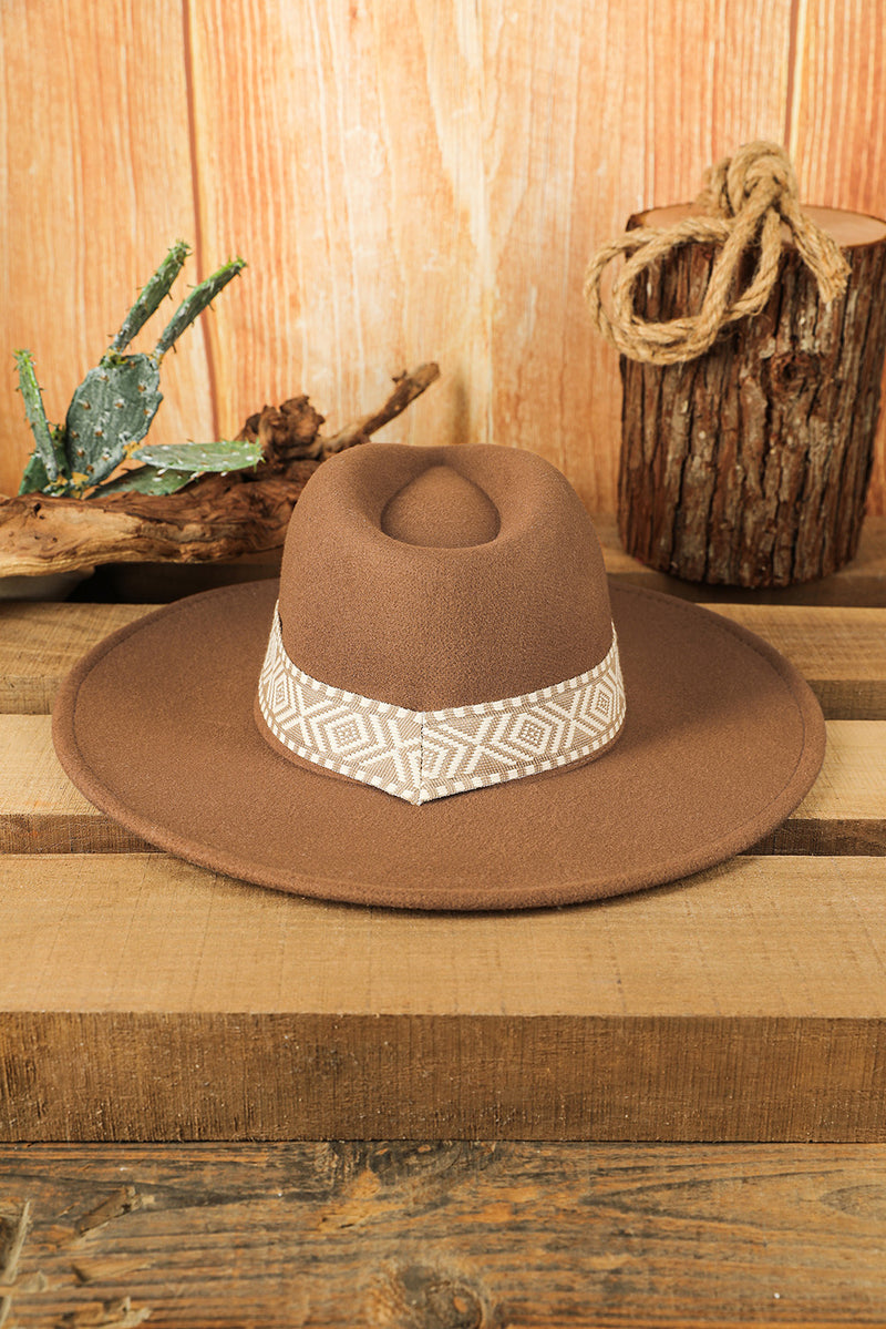 Gray Aztec Embroidery Retro Flat Fedora Hat