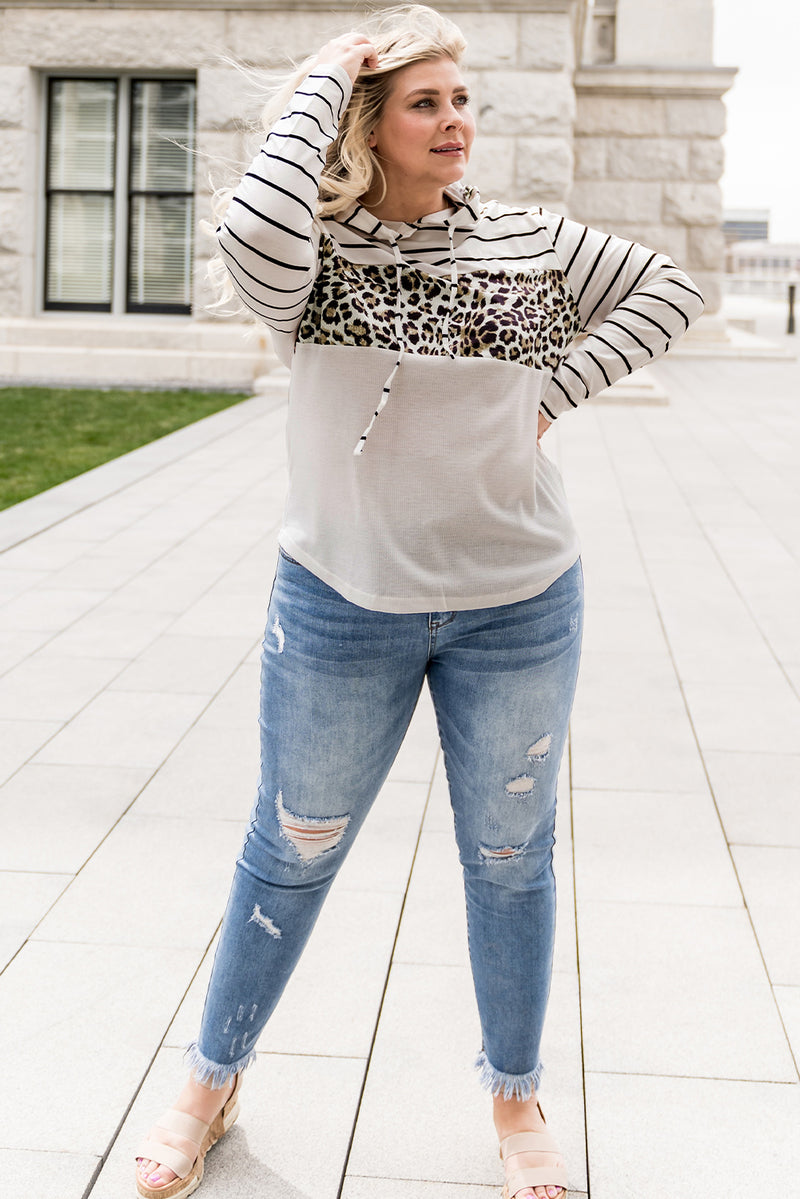 White Striped Leopard Block Patchwork Plus Size Hoodie