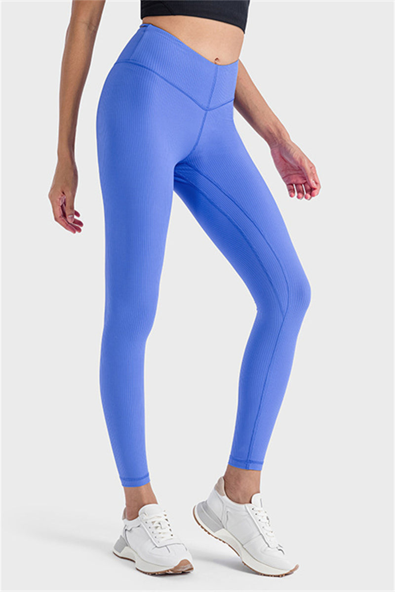 Blue Wide Waistband Ribbed Skinny Yoga Pants