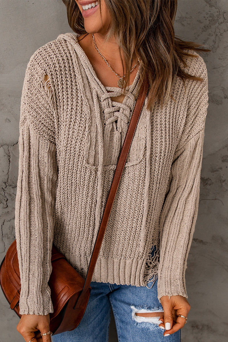 Lace Up V Neck Ripped Slouchy Sweater