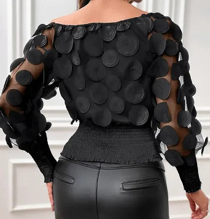 Applique Slant Shoulder Blouse, Elegant Long Sleeve Blouse For Spring & Fall  Women's Clothing