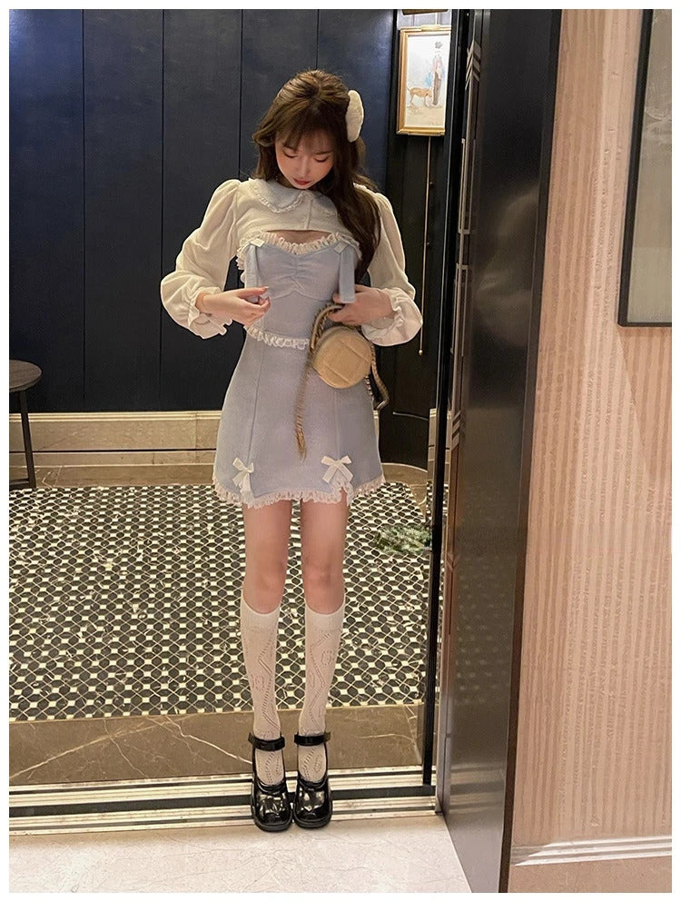 Lace Japanese Sweet Lolita Dress Women Bow Pink Kawaii Party Mini Dresses Female Blue Princess Korean Fashion Dresse Winter 2024