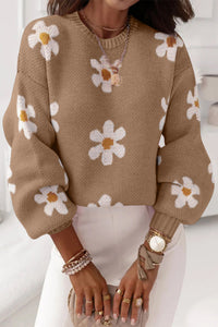 Pale Khaki Pink Floral Pattern Drop Shoulder Sweater