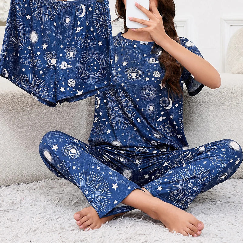 Women's Short Sleeve Crew Neck Top With Shorts And Pants 3 Piece Loungewear Sleepwear Lounge Sets Nighty Print Casual Pajama Set