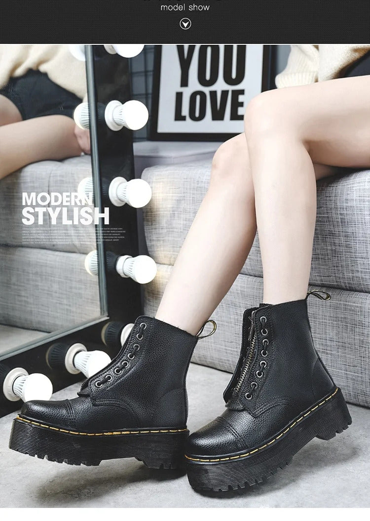 Women Boots Genuine Leather Platform Boots Motorcycle Shoes Front Zipper Optical Soles Fashion Sexy Punk Men Winter Boots 35-46