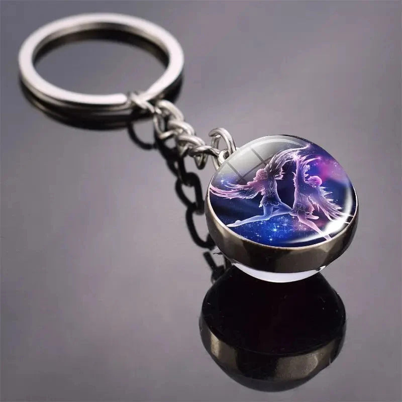 12 Constellation Key Chain Luminous Double Sided Glass Ball Pendant 12 Zodiac Key Chain Fashion Birthday Gift for Men and Women