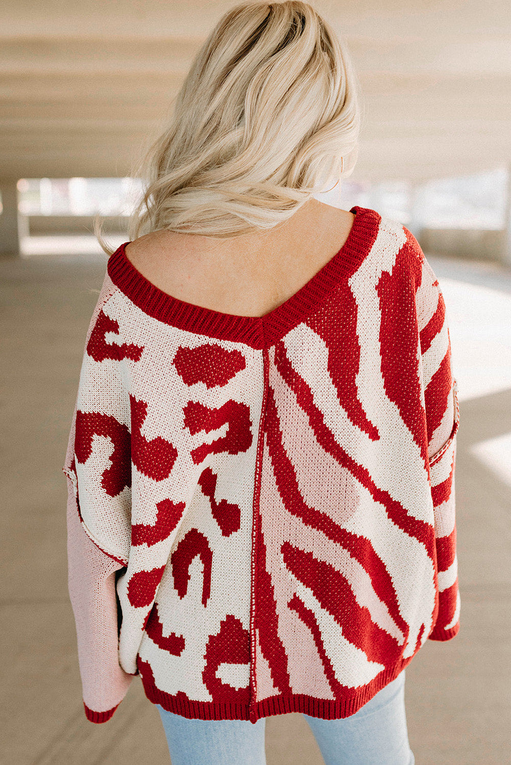 Red Mix Pattern Knit Ribbed Trim Oversize Sweater