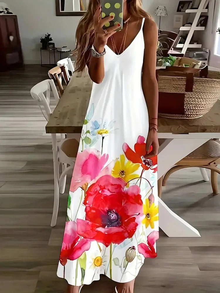 Hawaiian Vacation Travel Sexy V-neck Suspender Flower Dress Fresh Small Floral Street Fashion Sexy Party Dinner Evening Dress