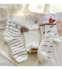 5 Pairs Women's Cute Smiling Mid Tube Print Socks Comfortable And Soft Round Neck Sports Socks Stockings