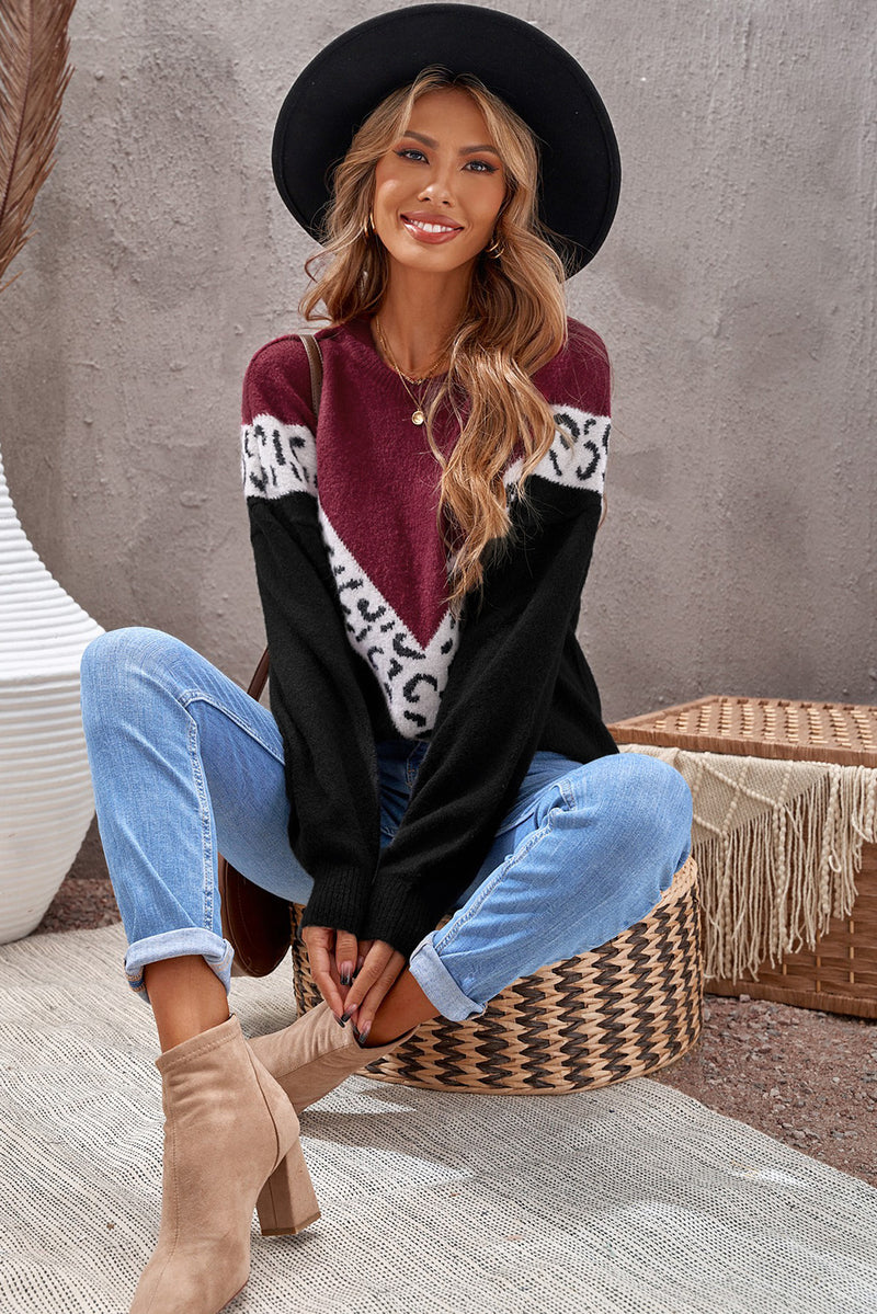 Black Colorblock Chevron Leopard Pullover Sweater