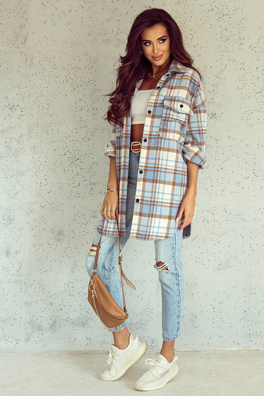 Green Plaid Flap Pocket Long Sleeve Shacket