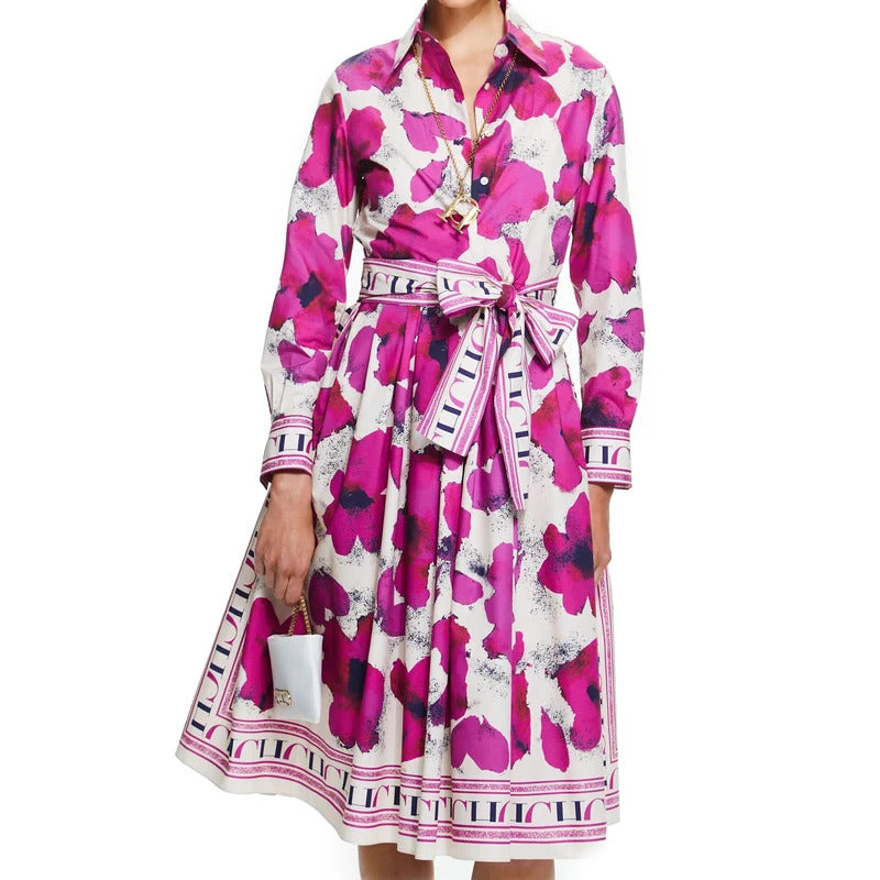 CHCH Women's Dress New Long sleeved Shirt Long Skirt Flower Print Party Dress