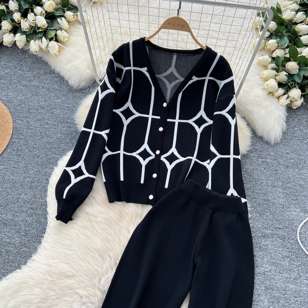 SINGREINY Basics Print Knit Two Pieces Sets Autumn Winter Single Breasted Cardigan+Wide Leg Long Pants Fashion Streetwear Suits