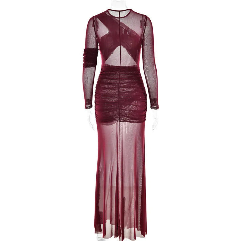 Mozision Mesh Ruched Sexy Maxi Dress For Women Fashion Zipper Patchwork See Through Long Sleeve Elegant Club Party Long Dress