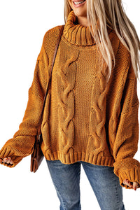 Yellow Cuddle Weather Cable Knit Handmade Turtleneck Sweater