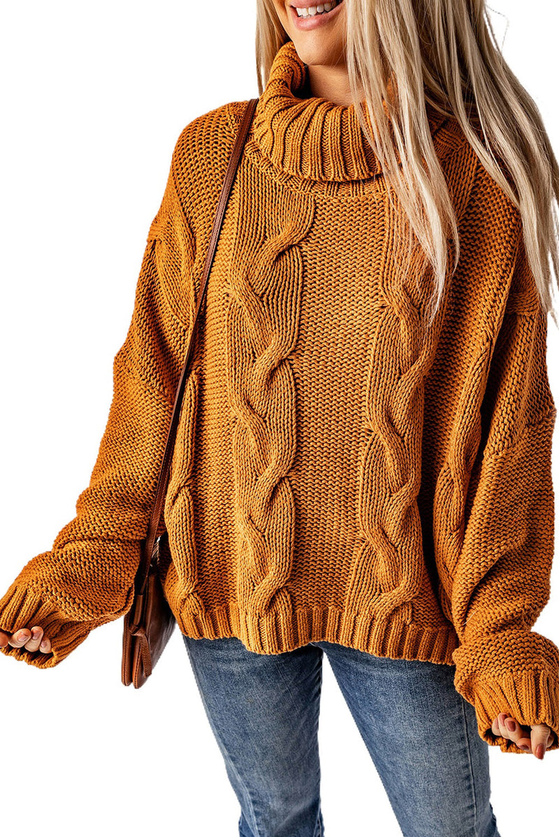 Yellow Cuddle Weather Cable Knit Handmade Turtleneck Sweater