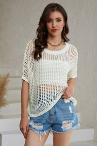 Whit Fishnet Knit Ribbed Round Neck Short Sleeve Sweater Tee