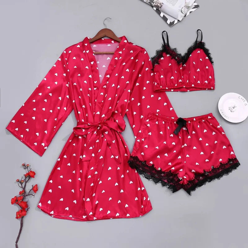 3Pcs/2Pcs Women Satin Ice Silk Pajama Set Heart Print Lace Sleeping Skirt Seamless Lingerie Homewear Pajama Shorts Set Sleepwear