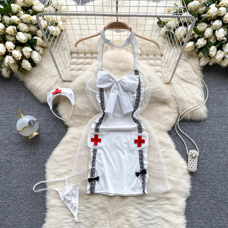 Dropped Waist Women's Sexy Sweet Nurse Cosplay Uniform Lingerie Set Revealing Neckline Lace Trimmed Nightgown Costume Dresses