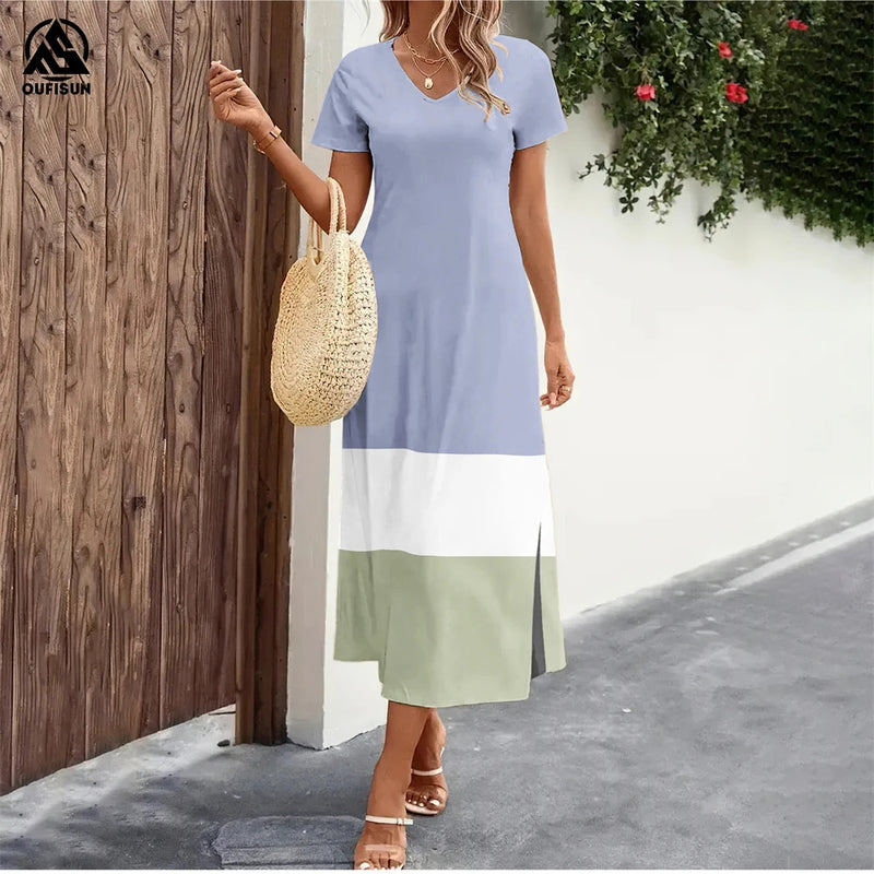 2024 New Women's Dresses Graphic Print Elegant Midi Dresses Female Short Sleeve Dress Fashion Oversized Clothes Summer